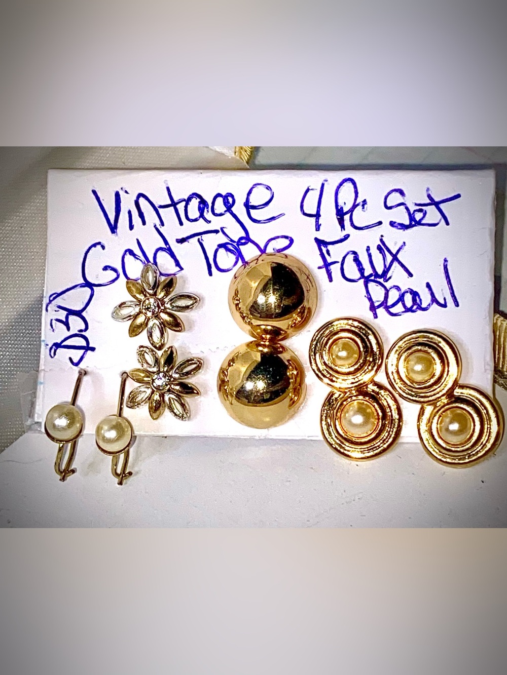 Gold-Tone Women's Earring Set with Faux Pearl Accents